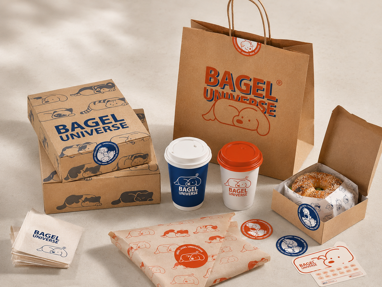 Bagel Universe brand identity applications including bagel boxes, cups, bags and stickers
