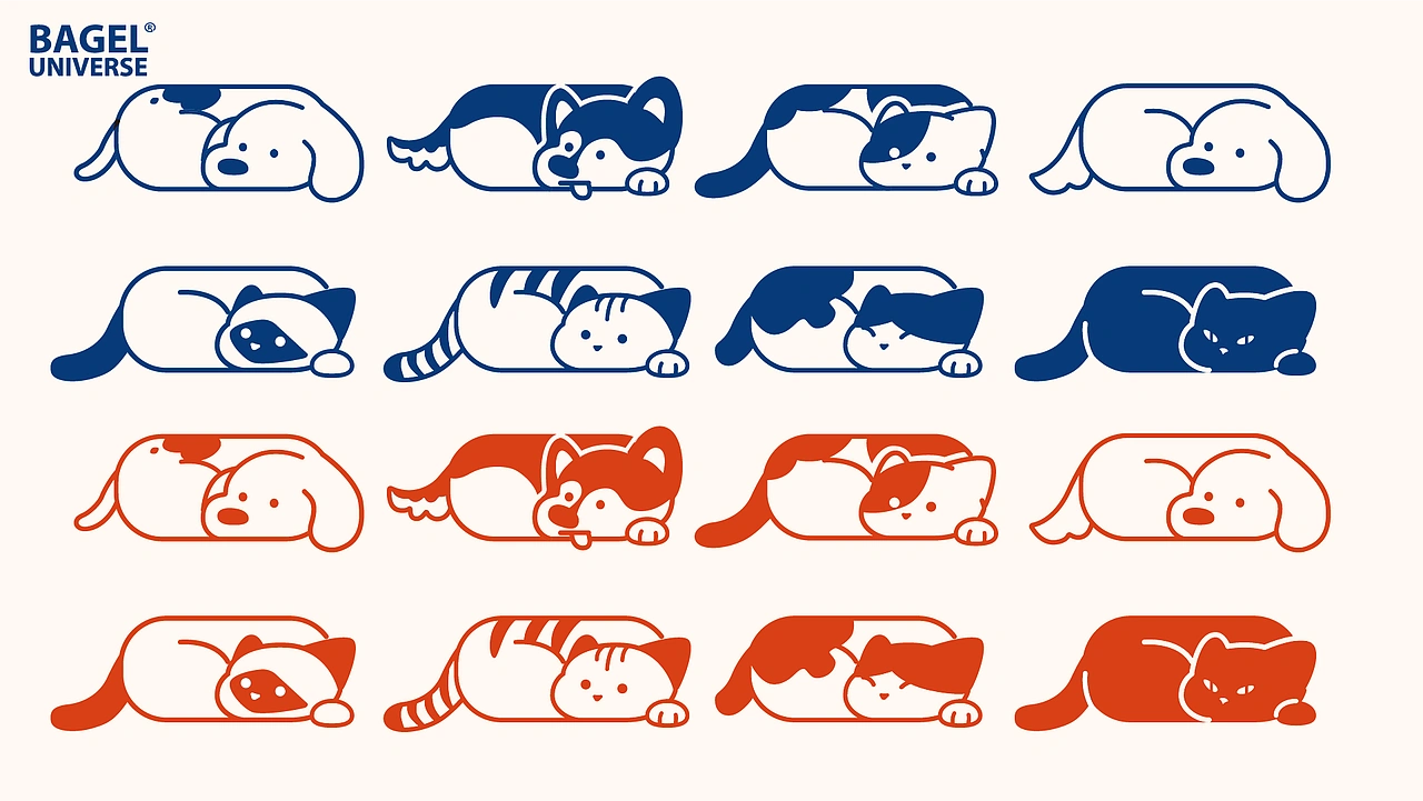 Bagel Universe dog and cat character system in blue and orange