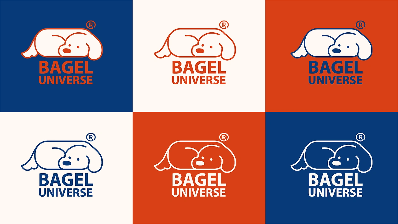 Bagel Universe logo lockups in orange, navy and warm white