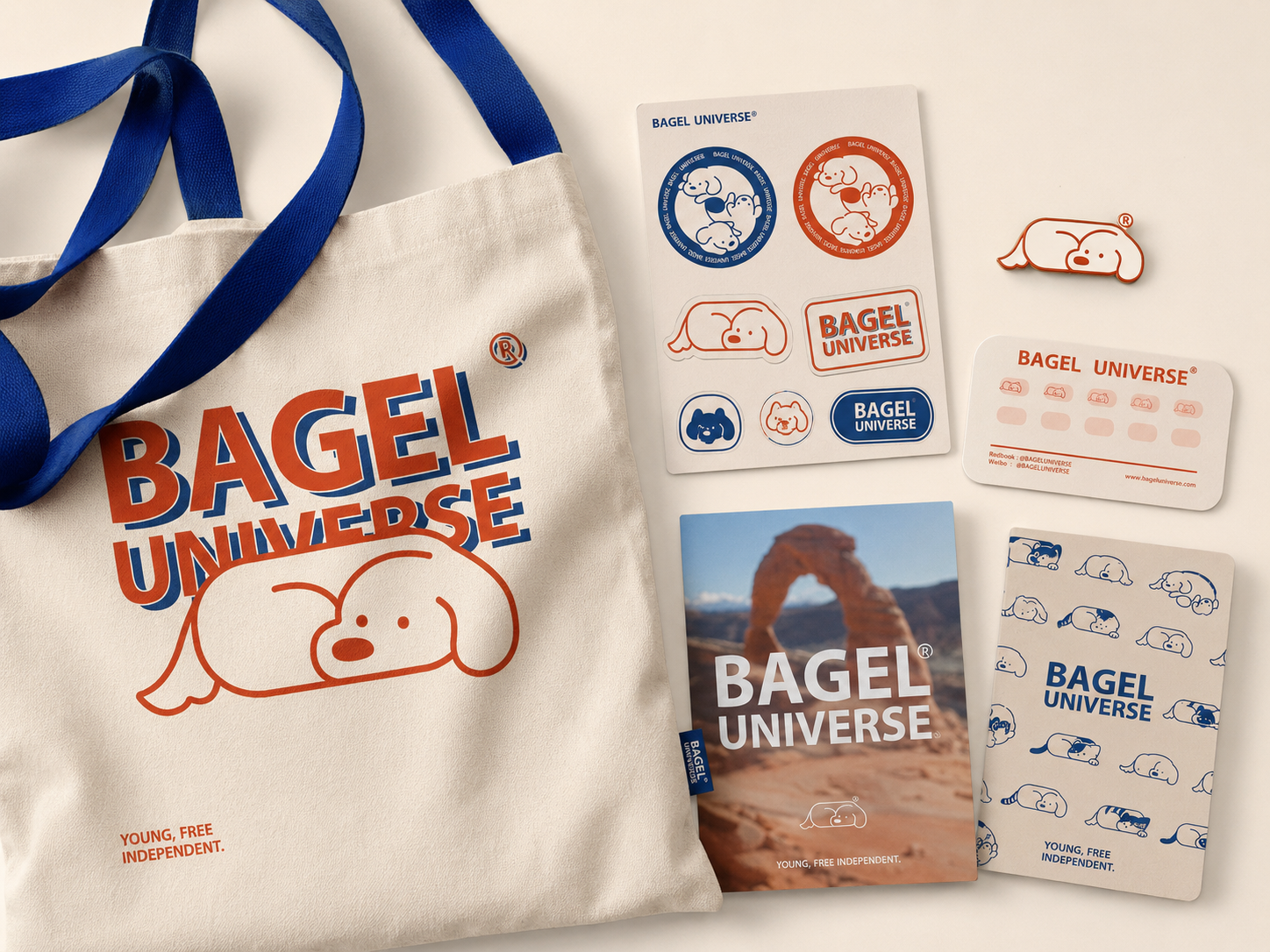 Bagel Universe tote bag, stickers and printed merchandise