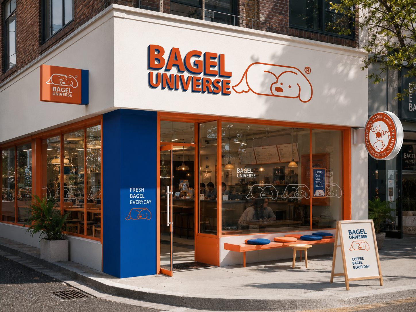 Bagel Universe storefront with orange and navy retail identity