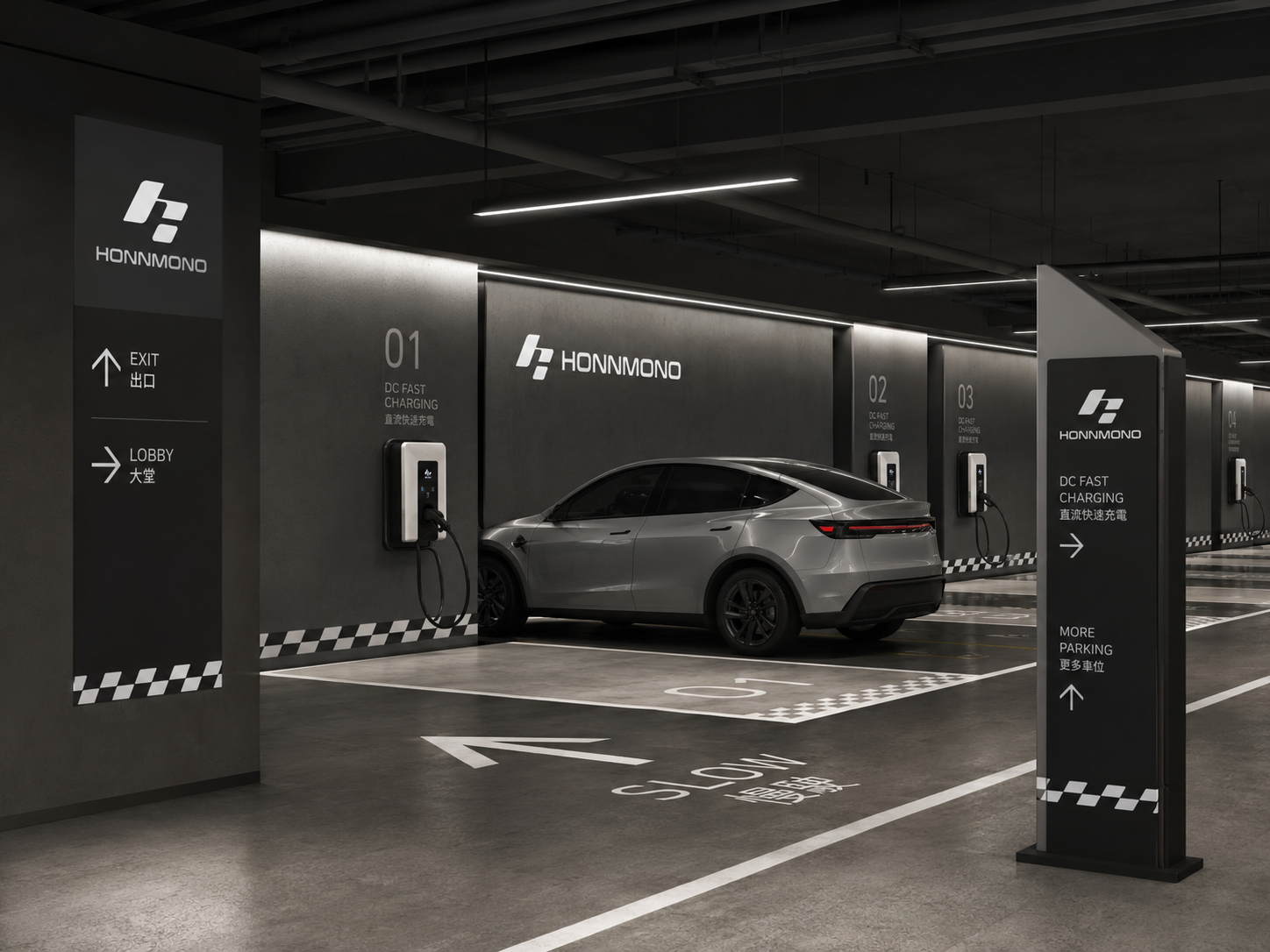 HONNMONO electric mobility charging environment with black industrial signage