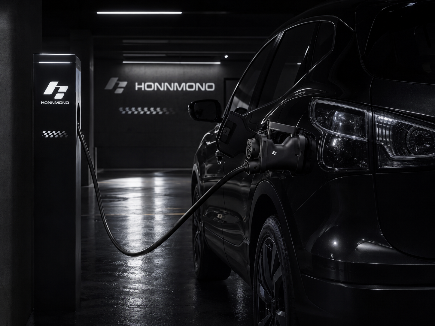 HONNMONO charging experience in a dark parking environment