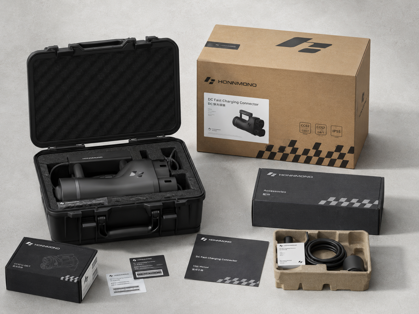HONNMONO packaging system with case, shipping box, accessories and manuals