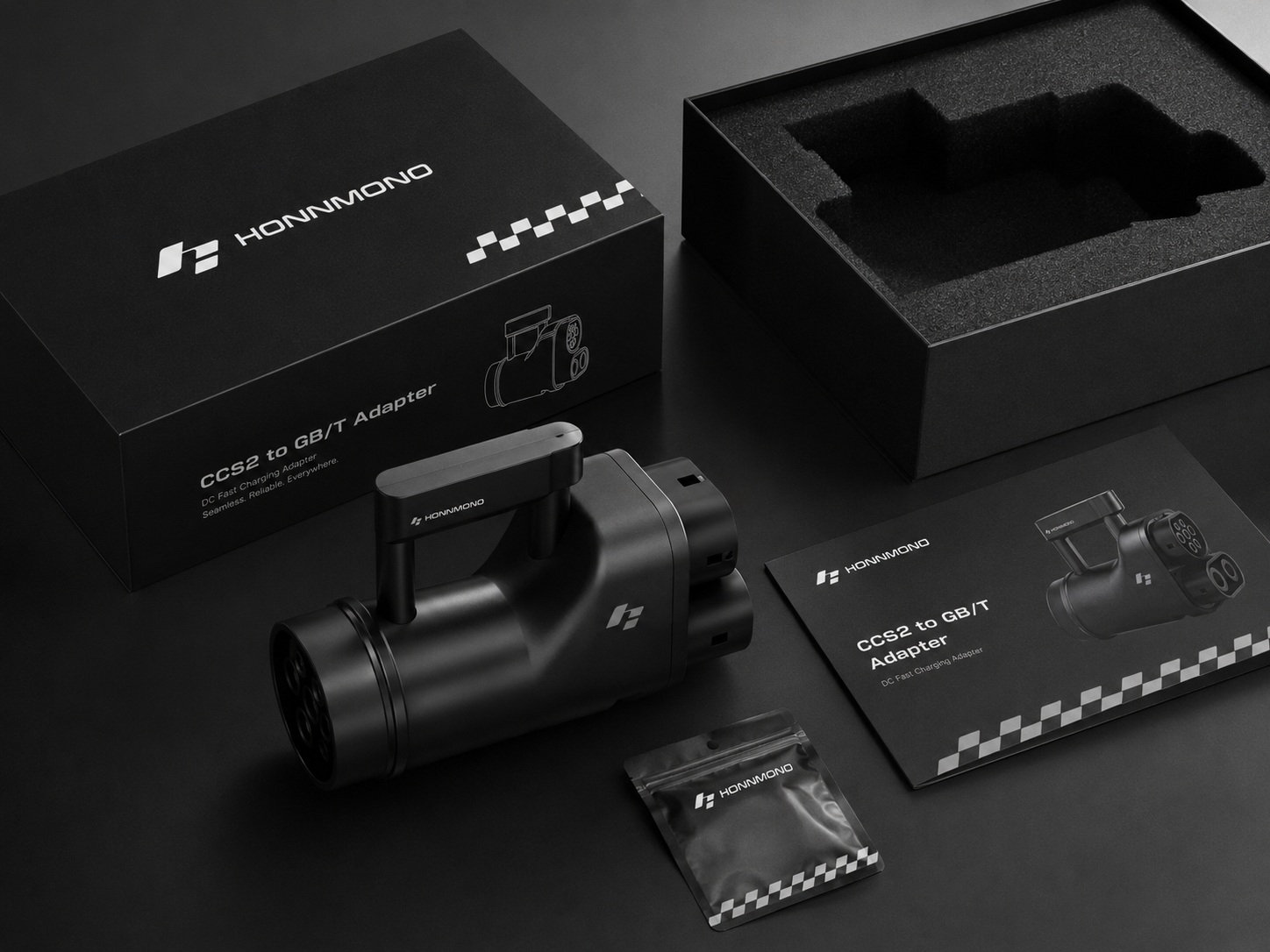 HONNMONO product packaging and charging adapter on a black surface