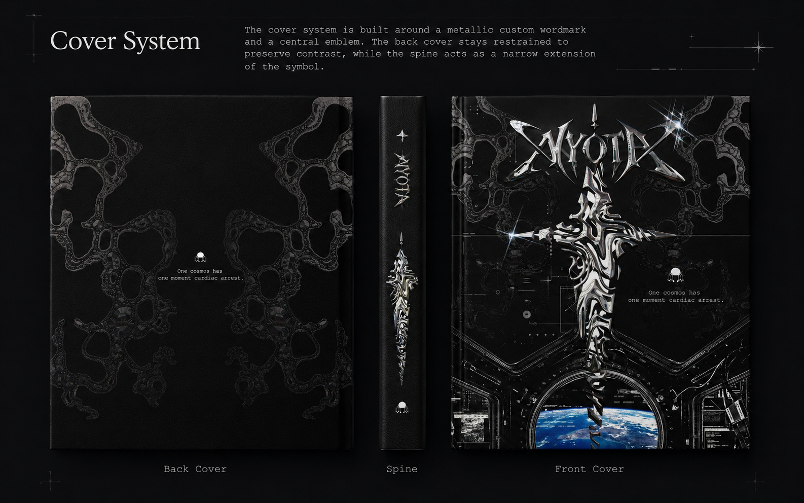 NYOTA cover system showing back cover, spine and front cover