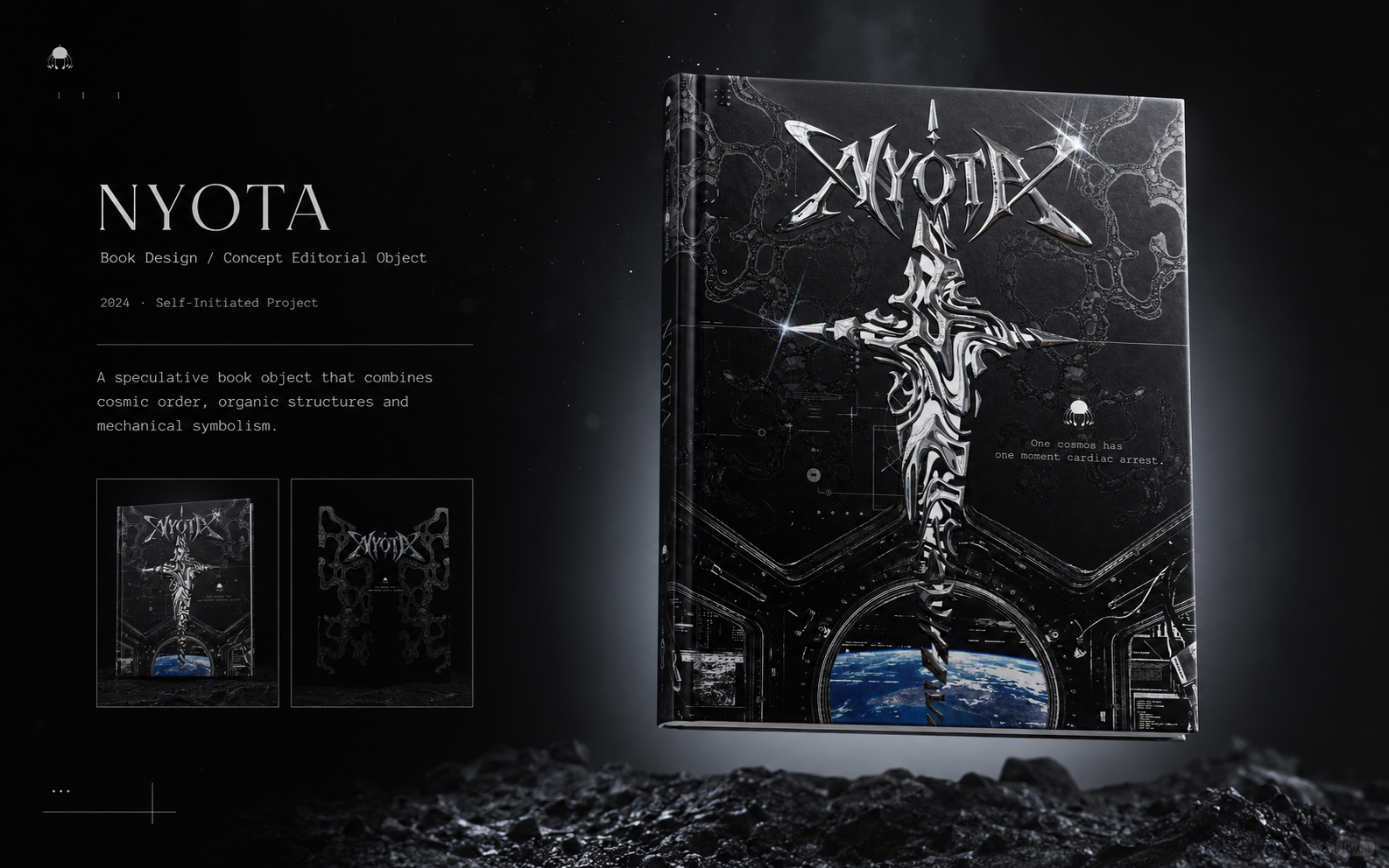 NYOTA book design concept with a black science-fiction cover and metallic title