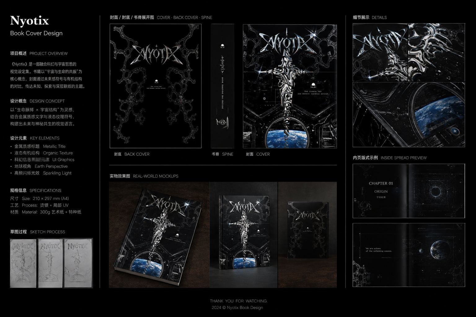 NYOTA book design overview board with cover, spine, details and mockups