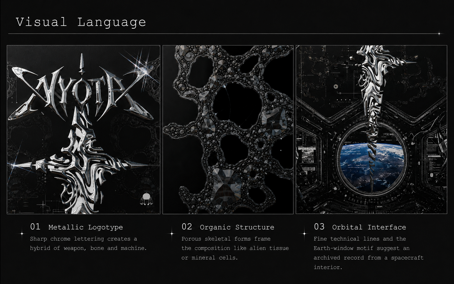 NYOTA visual language board showing metallic logotype, organic structure and orbital interface