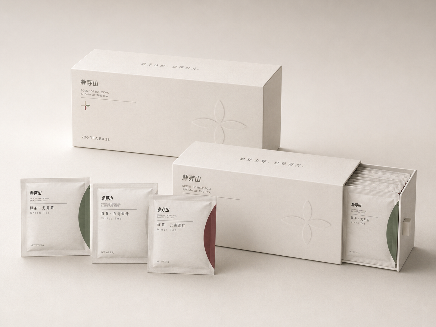 Puyashan teabag packaging system with drawer box and individual tea sachets