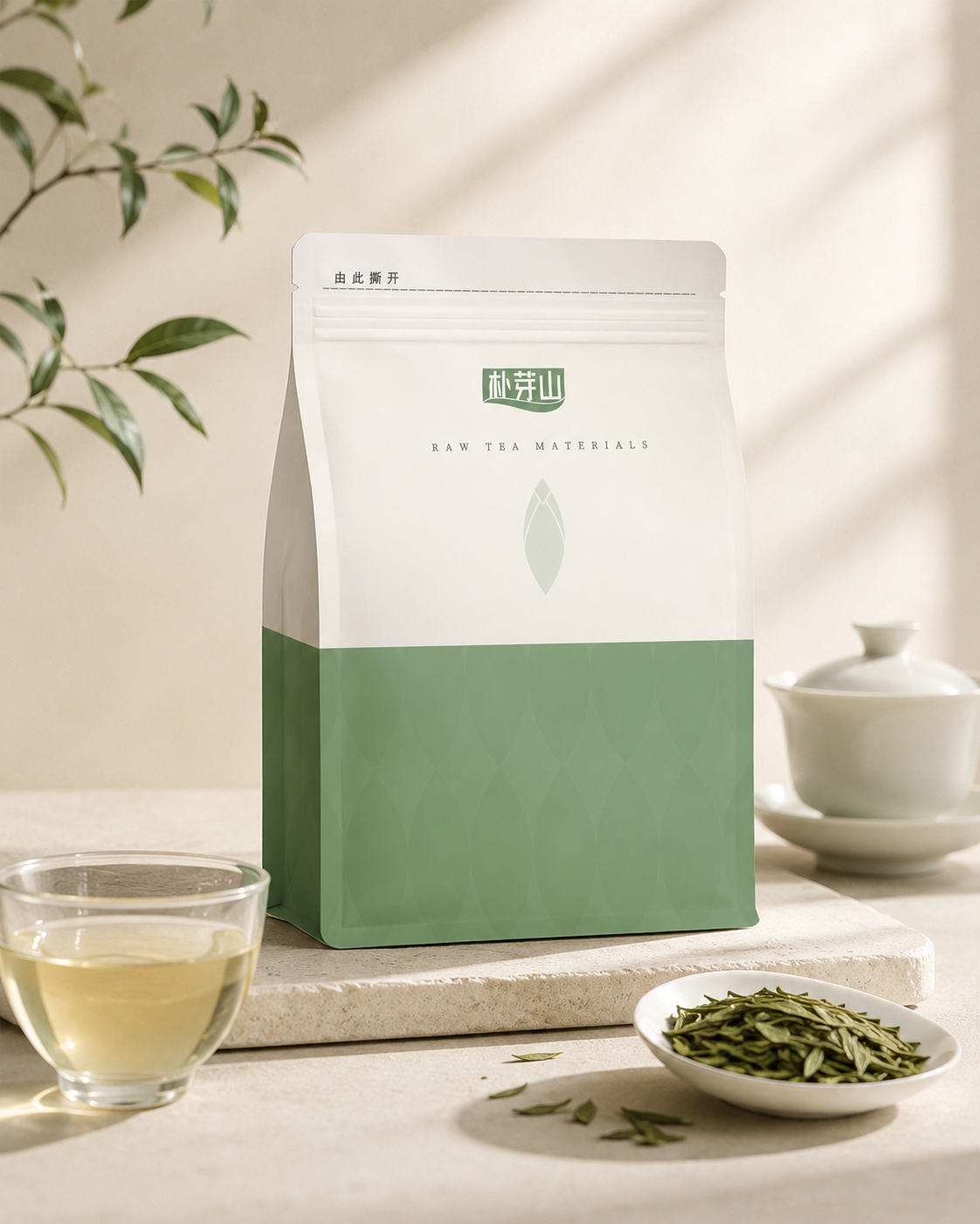Puyashan stand-up pouch in a tea drinking lifestyle scene