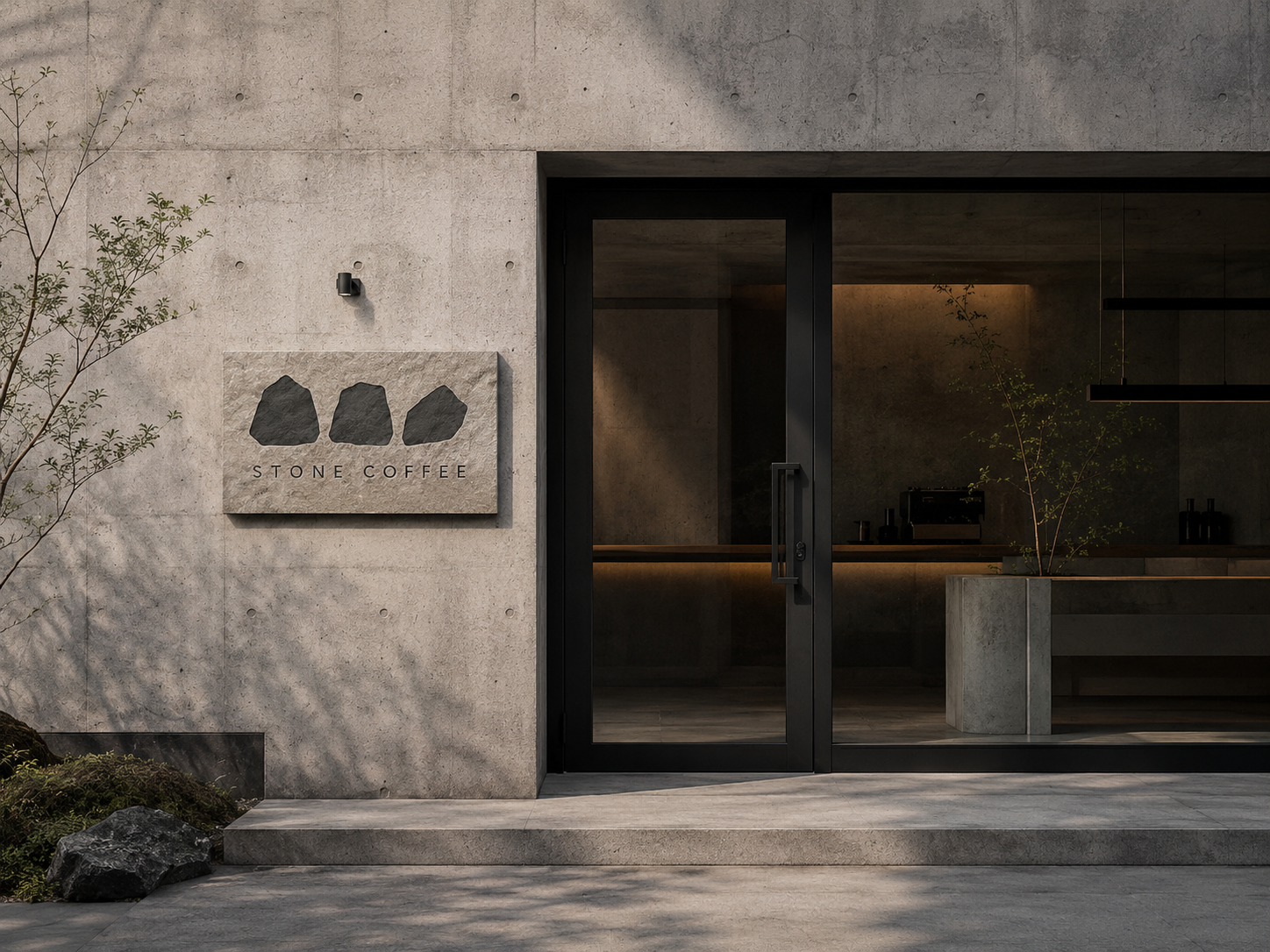 Stone Coffee concrete storefront with mineral-inspired signage