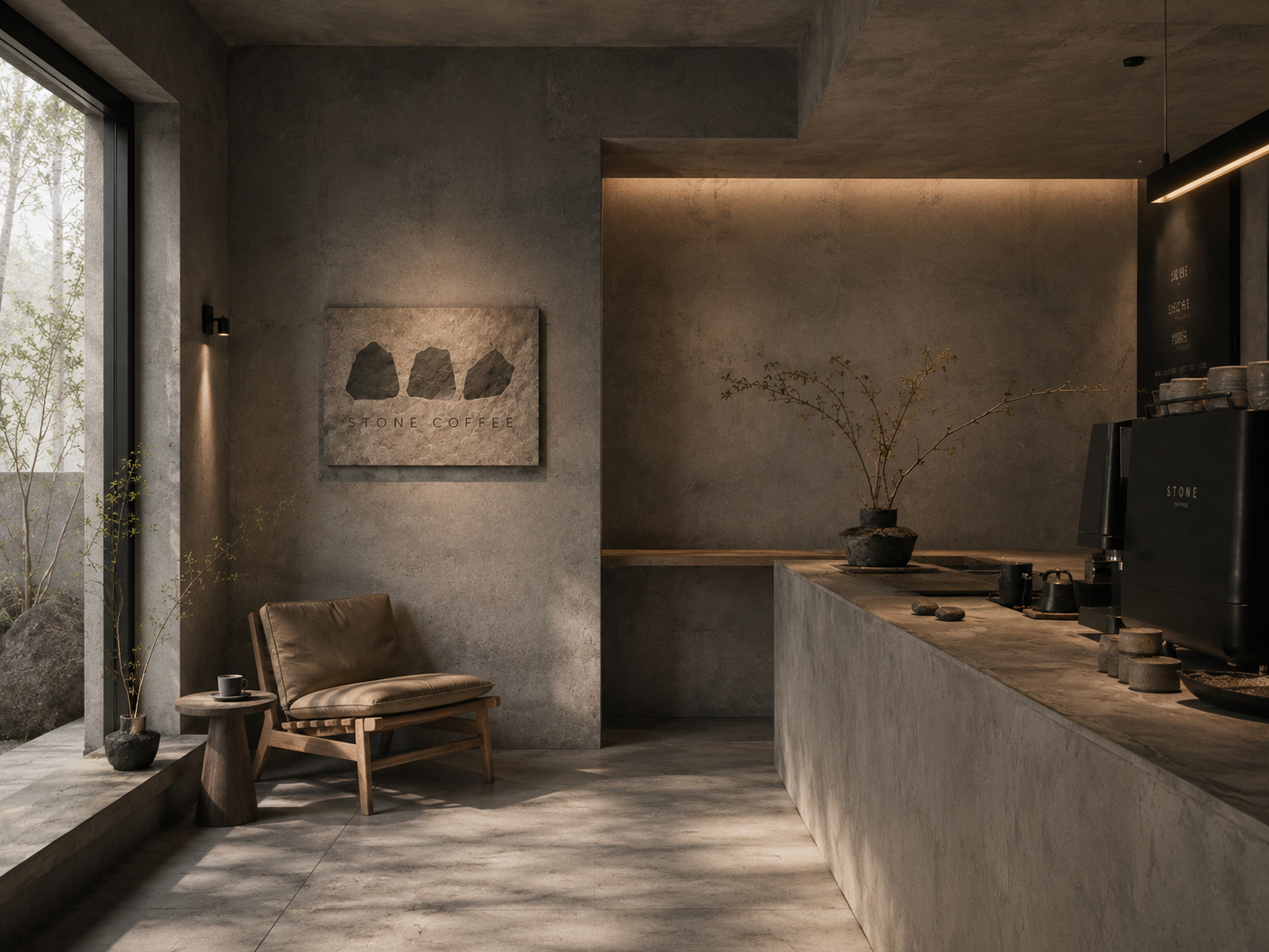 Stone Coffee concrete interior with warm light and wood furniture