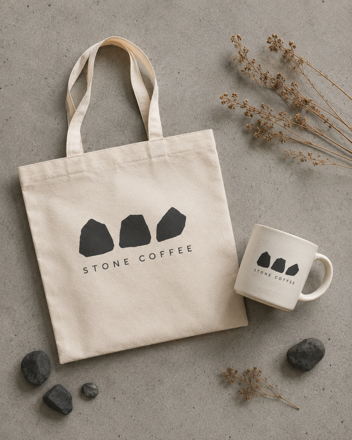 Stone Coffee canvas tote and mug brand application
